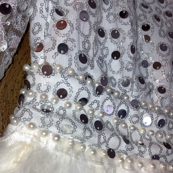PETITE #126 Silver Sequin White Marabou Feather Split Hem Party Dress XXS XS - Picture 3 of 9